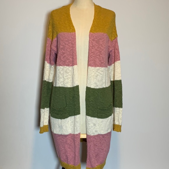 CHARLIE B cream, pink & green striped 100% cotton, long open Cardigan. Small - Picture 2 of 7